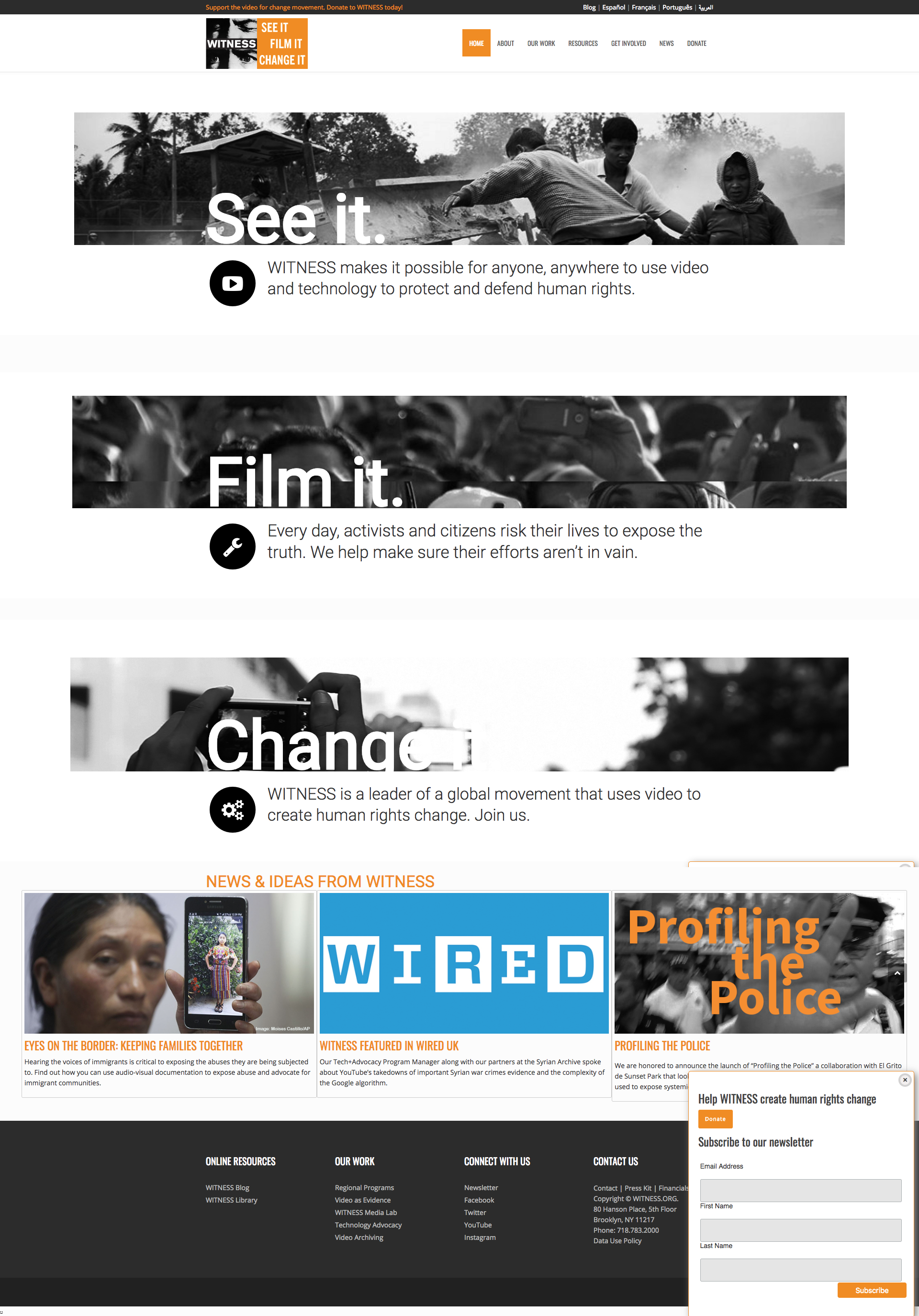 Homepage in English; See it, Film it, Change it, on black and white photographs from Witness' work around the world