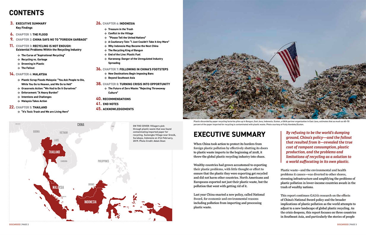 Report table of contents, Discarded: Communities on the Frontlines of the Global Plastic Crisis, map of South East Asian countries, and American flag on a pile of plastic waste.